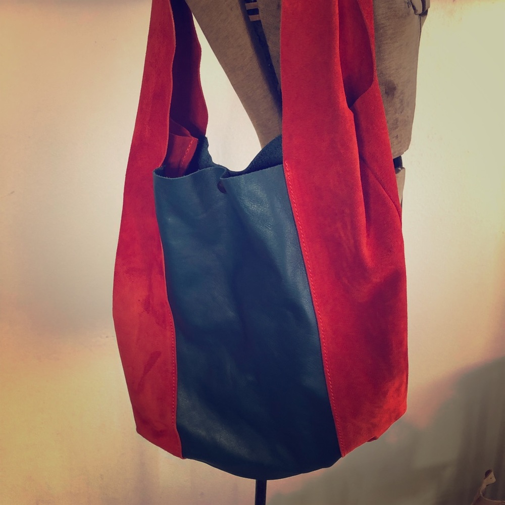 Navy leather and Red Suede Tote